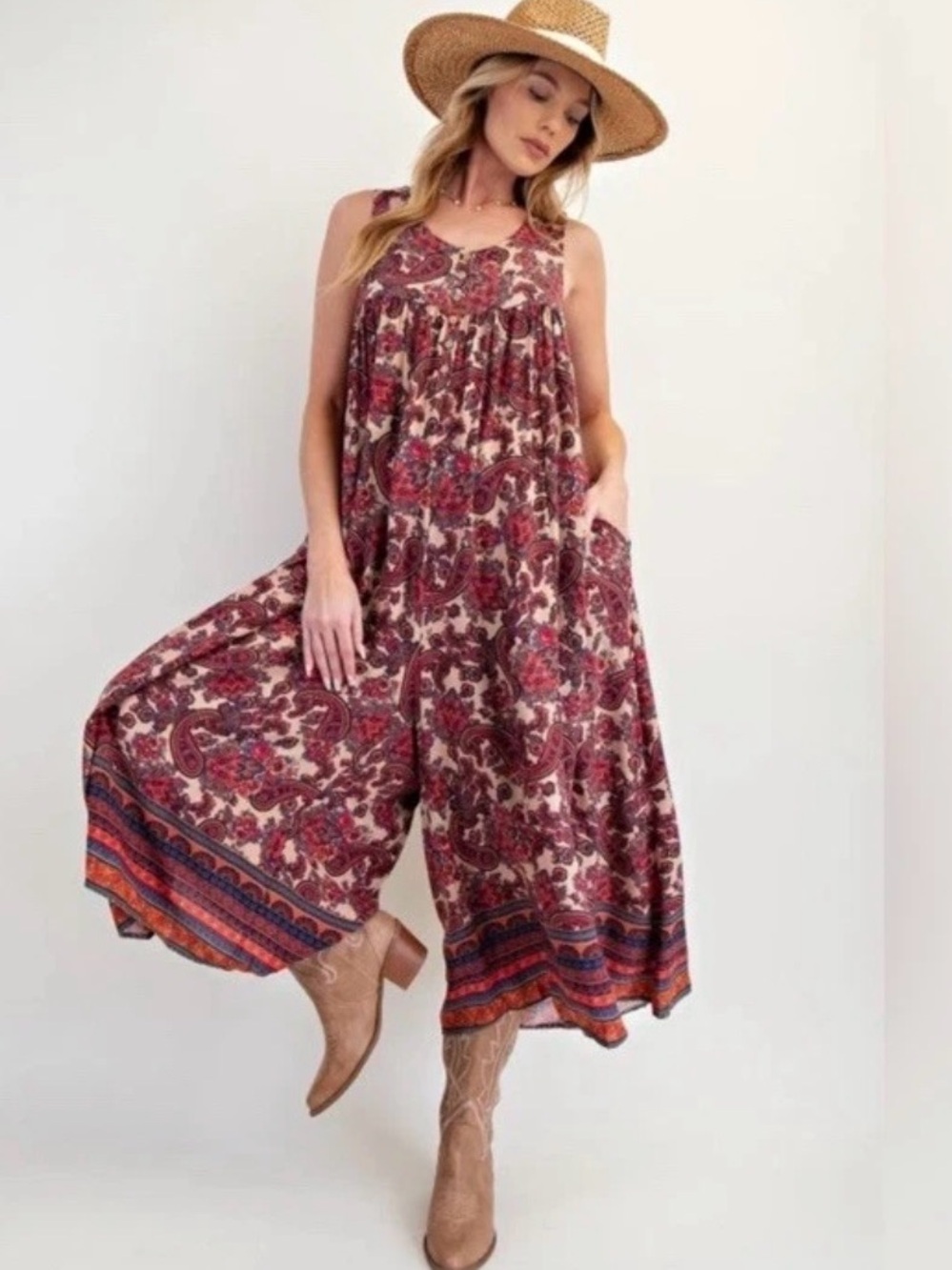 Paisley Boho Sleeveless Maxi cropped jumpsuit in Cream and Red